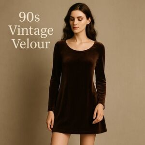 HUNT CLUB Chocolate Brown Velour Mini Dress Vintage 90s Stretch Tunic 8